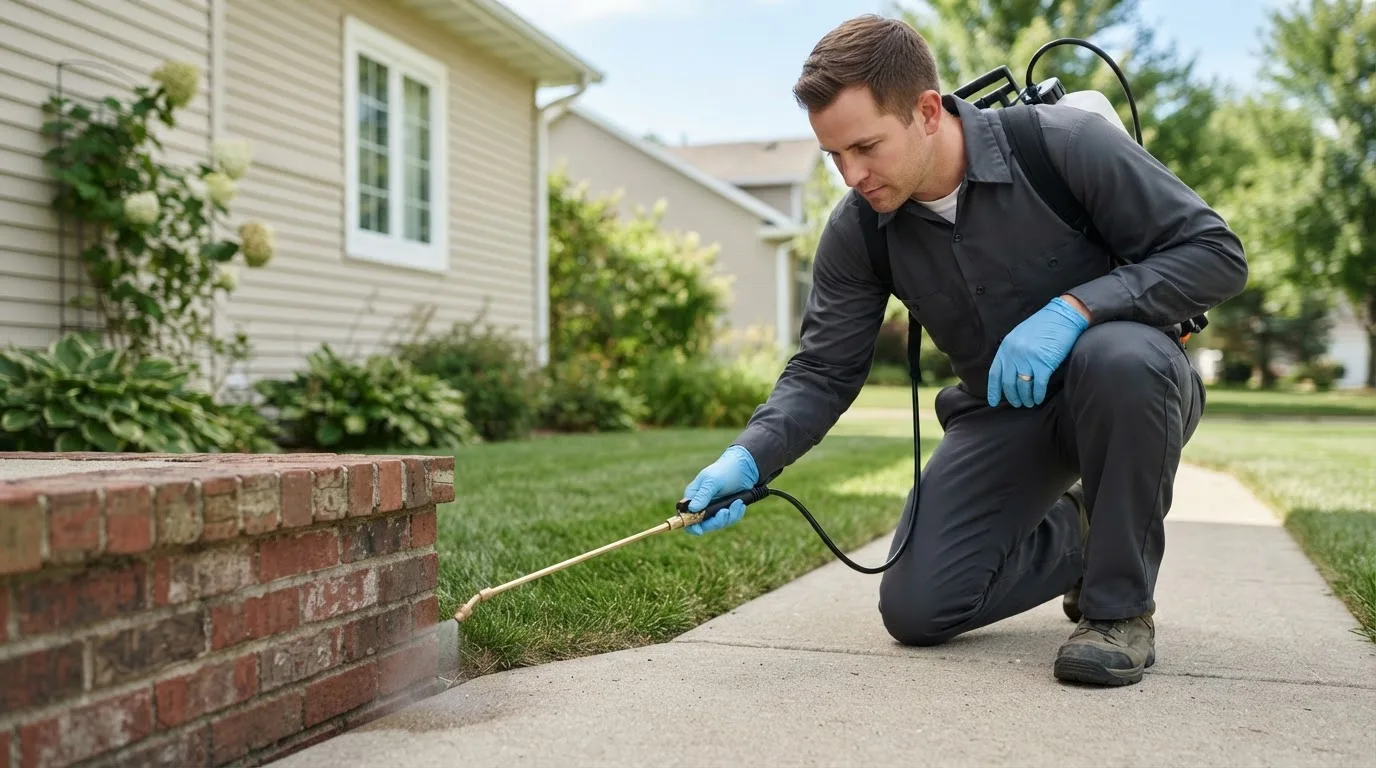 Pest control technician treating a home near Coram, MT